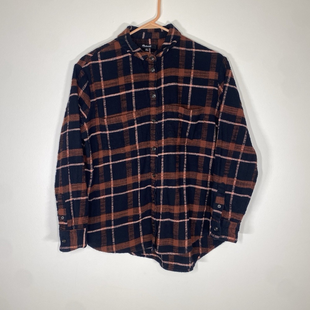 Madewell Mens Medium Flannel Plaid Button Up Long Sleeve Brown Orange